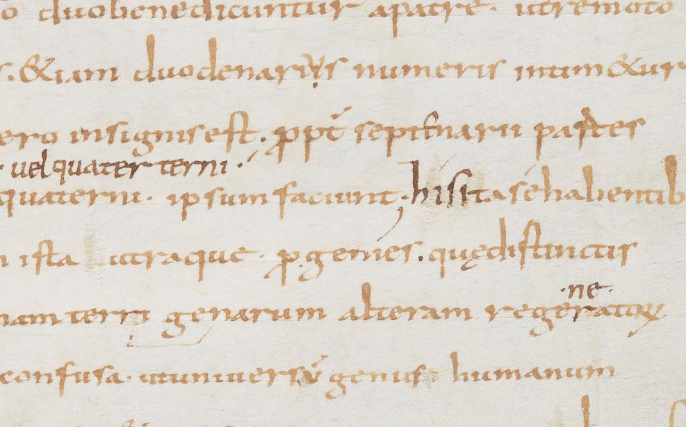 Scratched-out letters on MS. Laud Misc. 135, fol. 129r.
