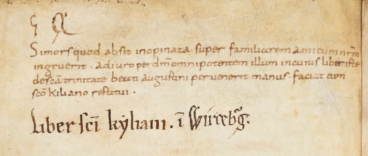 Two ownership inscriptions of Cathedral Church of St Kilian, Würzburg: upper one from mid-ninth century, and the lower one in darker ink from the 13th century (Bodleian MS. Laud Misc. 126, fol. 1v).
