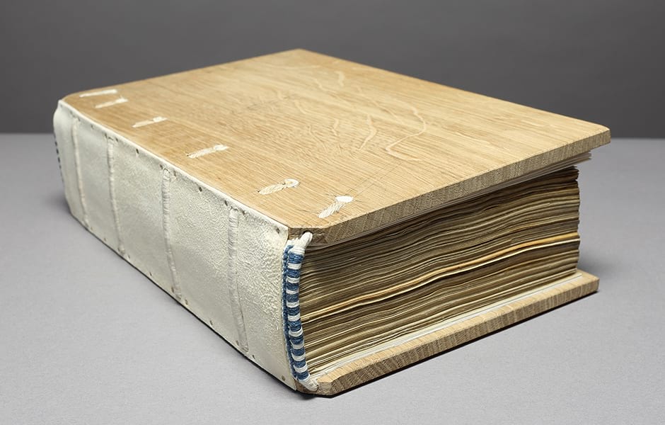 Alum-tawed spine lining attached to boards with trenails