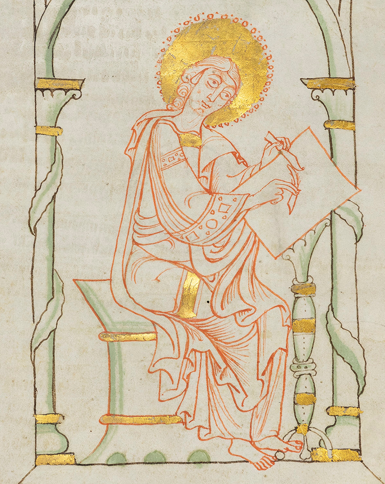 Fig. 1: Cod. Guelf. 70 Weiss., fol. 1v, Evangelium nach Lukas mit Glossen – Evangelist am Schreibpult (11. Jahrhundert)