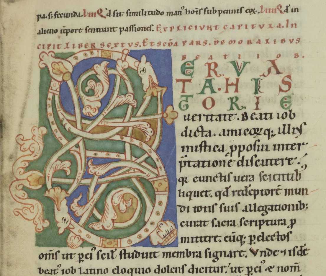 Zoomorphic S-initial introducing the 'Moralia in Hiob' by Pope Gregory the Great in [Cod. Guelf. 443 Helmst.](https://https-hab-bodleian-ox-ac-uk-443.webvpn.ynu.edu.cn/en/image-viewer/?manifest=https://iiif.hab.de/object/mss_443-helmst/manifest.json), fol. 2r, 1176–1200