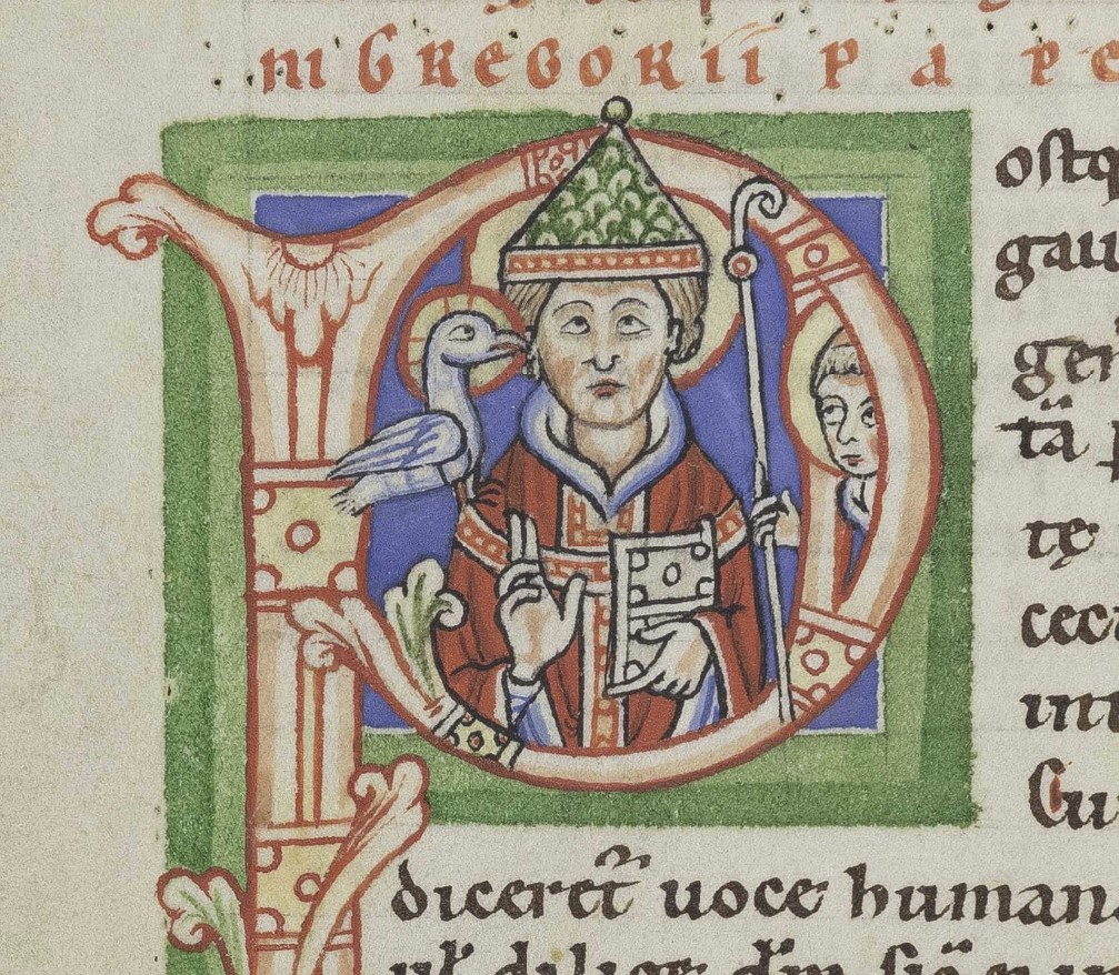 The Holy Spirit inspiring Pope Gregory the Great in the shape of a dove ([Cod. Guelf. 903 Helmst.](https://https-hab-bodleian-ox-ac-uk-443.webvpn.ynu.edu.cn/en/image-viewer/?manifest=https://iiif.hab.de/object/mss_903-helmst/manifest.json), fol. 75v, beginning of 4th quarter of 12th century)