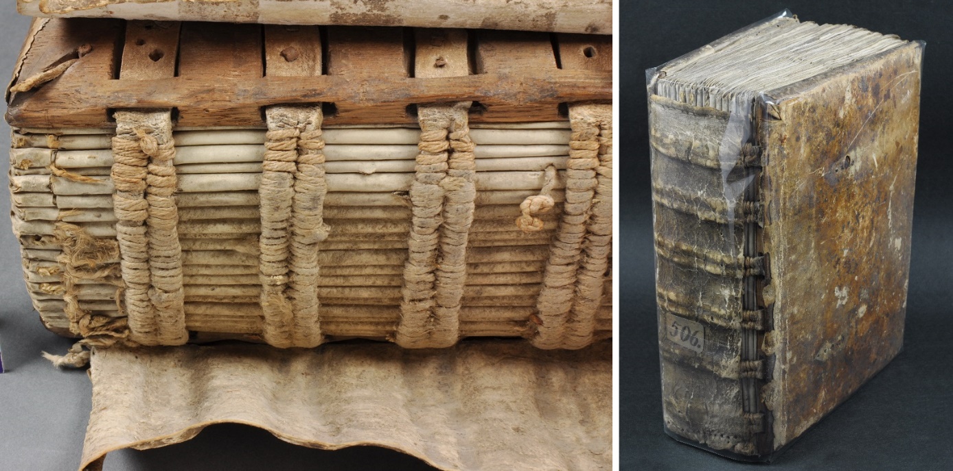 Left: The sewing structure and sewing supports are clearly visible beneath the loosened covering leather. Right: A transparent wrapper made of polyester film protects the fragile areas during digitization and continuous use ([Cod. Guelf. 506 Helmst.](https://https-hab-bodleian-ox-ac-uk-443.webvpn.ynu.edu.cn/en/image-viewer/?manifest=https://iiif.hab.de/object/mss_506-helmst/manifest.json)).