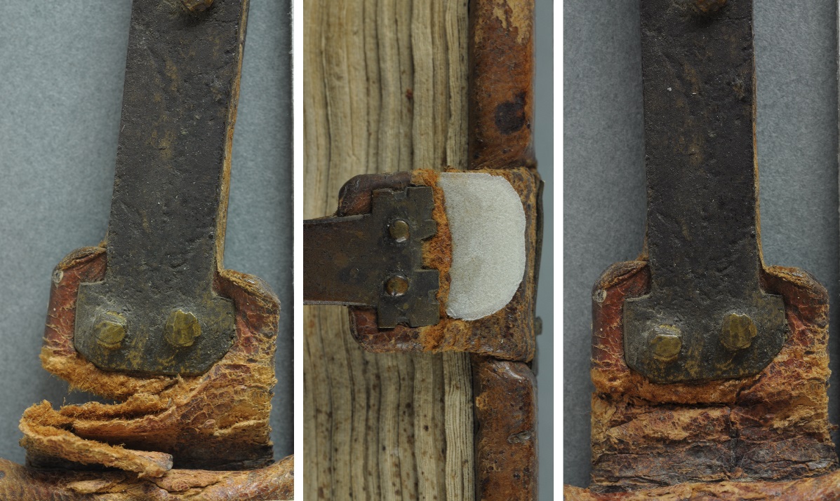 Between the layers of the torn leather strap (left) a piece of calf parchment is inserted (center) and the tear is thus secured from the outside with Japanese paper (right) ([Cod. Guelf. 1307 Helmst.](https://https-hab-bodleian-ox-ac-uk-443.webvpn.ynu.edu.cn/en/image-viewer/?manifest=https://iiif.hab.de/object/mss_1307-helmst/manifest.json)).