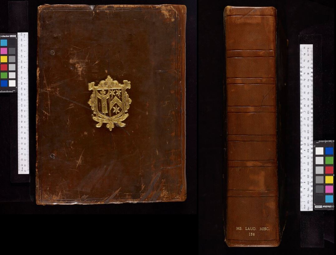 The spine and lower board of MS. Laud Misc. 158 (rebacked)