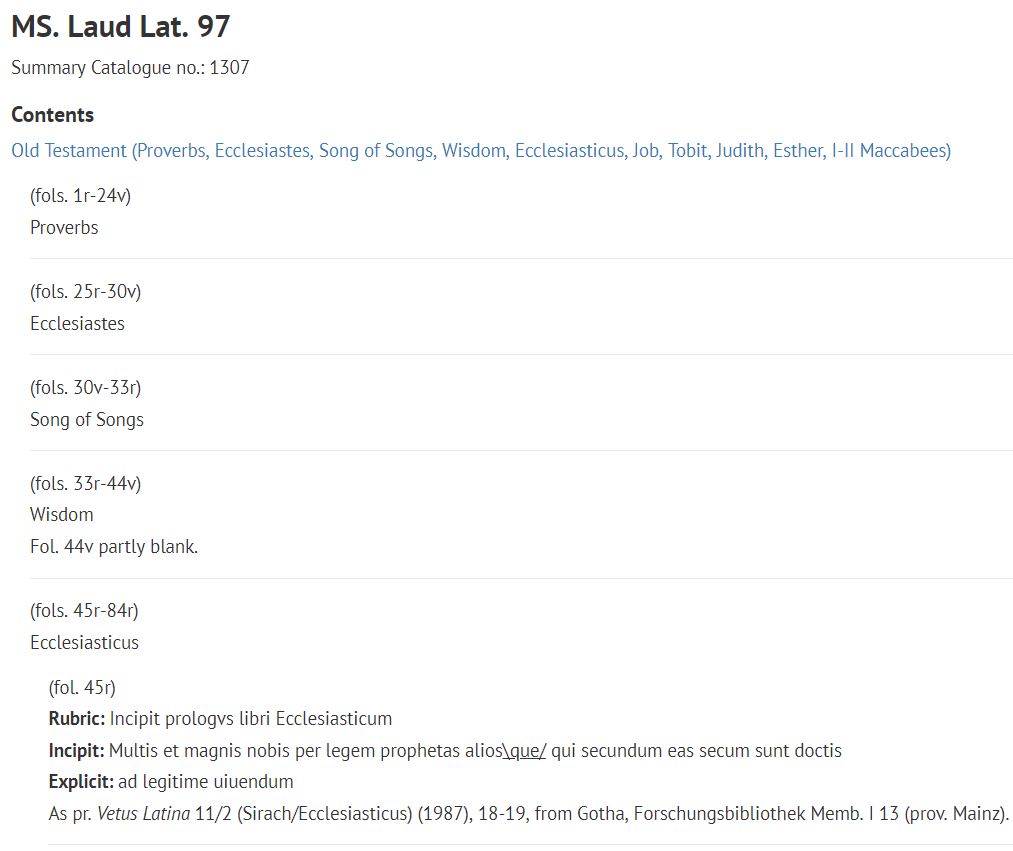 A screenshot of the contents description of MS. Laud Lat. 97 at https-medieval-bodleian-ox-ac-uk-443.webvpn.ynu.edu.cn