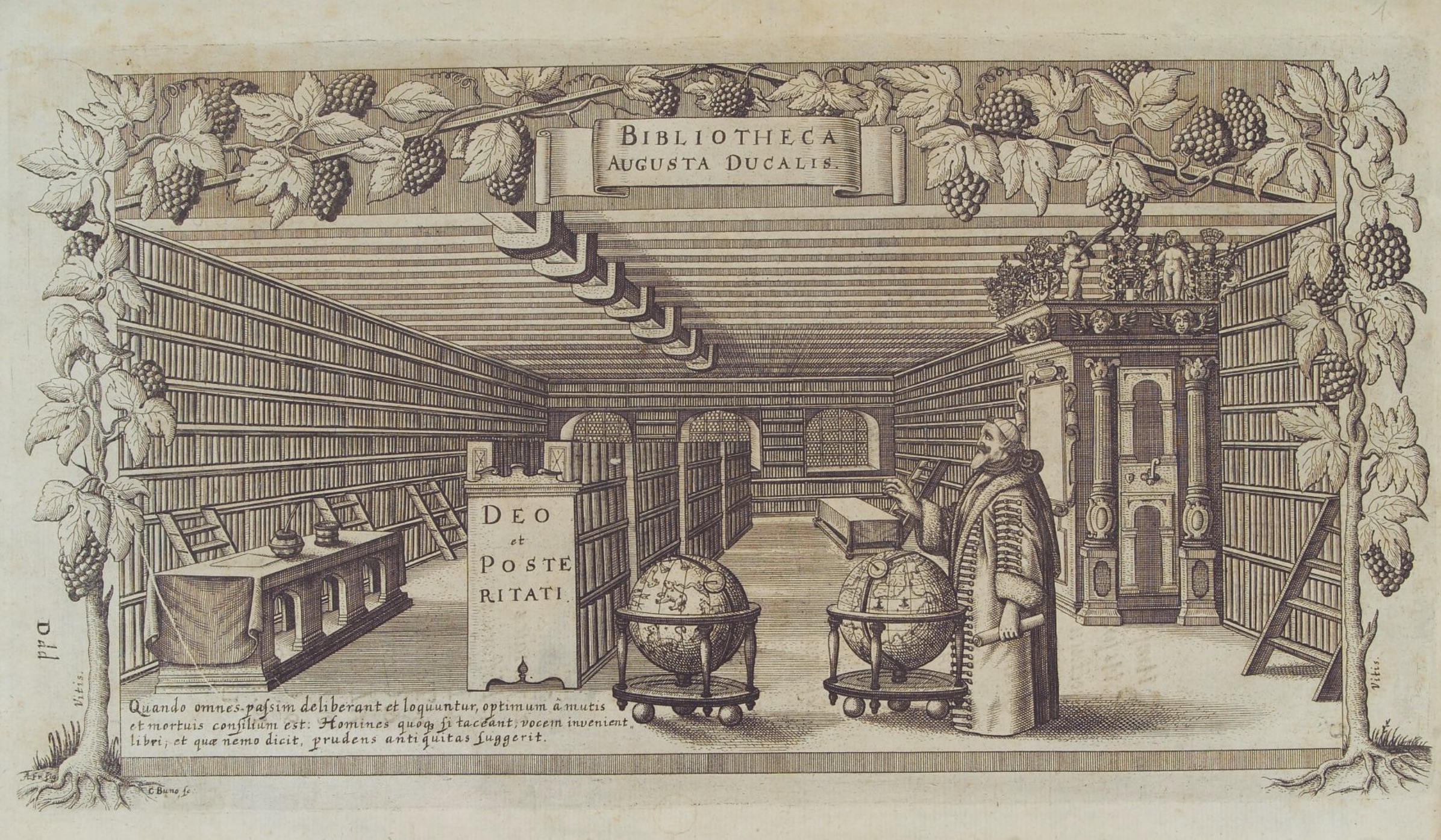 A 17th-century engraving of Duke August in his library (Conrad Buno, 1650). Image: Herzog August Bibliothek